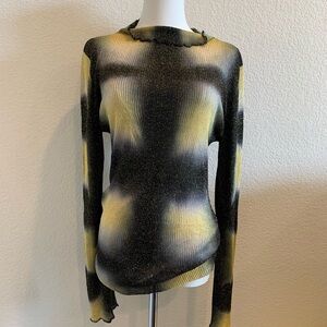Happy Sheep Ribbed High Neck Shimmer LS Sweater Gold Metallic Black Women S**